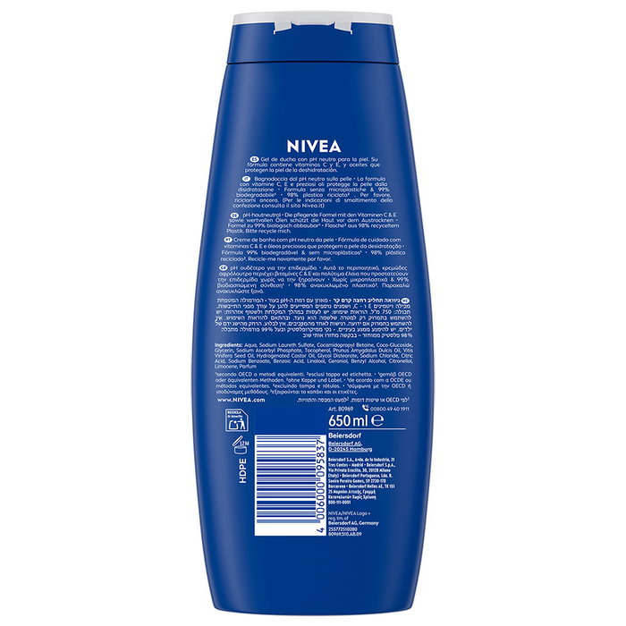 Nivea Creme Care Gel de Ducha Nutritivo con Fragancia NIVEA Creme, Enriquecido con Vitaminas C y E, pH Neutro, Vegano, Pack Reciclado, 650 ml Nivea Creme Care Gel de Ducha Nutritivo con Fragancia NIVEA Creme, Enriquecido con Vitaminas C y E, pH Neutro, Vegano, Pack Reciclado, 650 ml