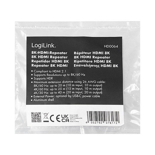 LogiLink Repetidor HDMI de 20m, 8K/60Hz, HDCP 2.3, Azul