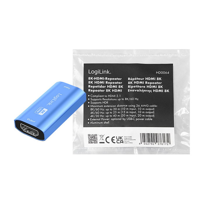 LogiLink Repetidor HDMI de 20m, 8K/60Hz, HDCP 2.3, Azul