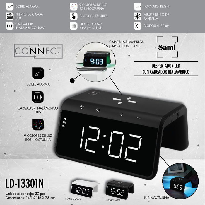 SAMI Despertador Digital LED con Reloj Despertador y Cargador Inalámbrico 10W, Pantalla Grande, Color Negro