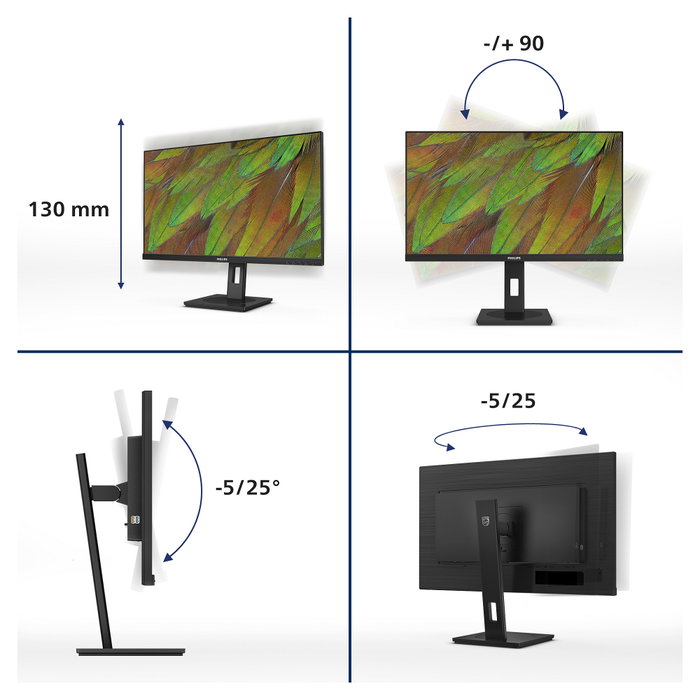 Philips 27B1N3800 27 pulgadas Monitor IPS 4K UHD 3840x2160 60Hz 4ms HDMI DP USB Altavoces Pivot Negro