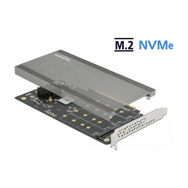 DeLOCK Adaptador PCIe x16 a 4 Ranuras NVMe M.2 Internas con Ventilador, PCIe 3.0, Color Gris, Activo con LED, 32 Gbit/s