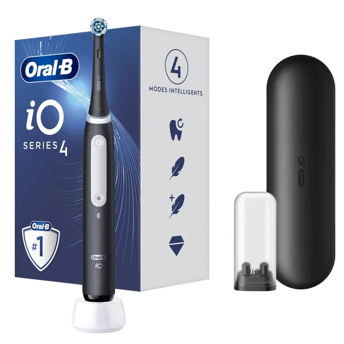 Braun Oral-B iO 4n Cepillo de Dientes Eléctrico para Adulto, 4 Modos (Diario, Sensible, Super Sensible, Blanqueador), Negro con Estación de Carga y Maletín de Viaje