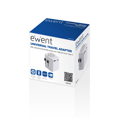 Ewent EW1472 Adaptador de Enchufe Universal Blanco con 2 Puertos USB (USB-A + USB-C) para Viajes Internacionales