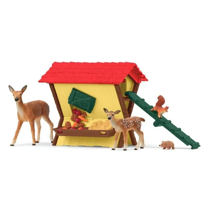 Schleich SCH42658 Cabaña para animales del bosque con cierva, cervatillo, ardilla y erizo, para niños a partir de 3 años
