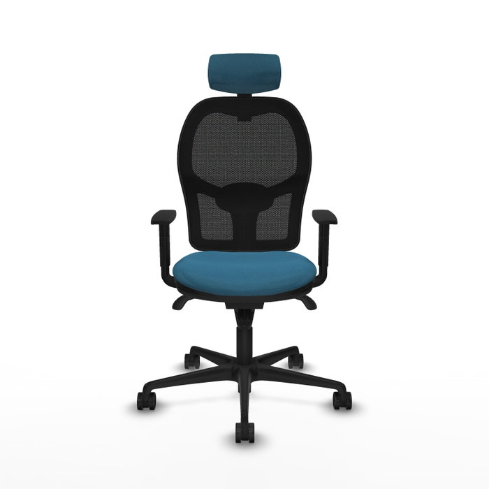 Silla de oficina Jorquera con mecanismo Sincro tapizada con Tela color Verde petróleo y malla color Negro. Equipada con lumbar 1D, Brazos 1D, Cabecero 2D y Ruedas 65mm nailon