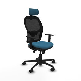 Silla de oficina Jorquera con mecanismo Sincro tapizada con Tela color Verde petróleo y malla color Negro. Equipada con lumbar 1D, Brazos 1D, Cabecero 2D y Ruedas 65mm nailon