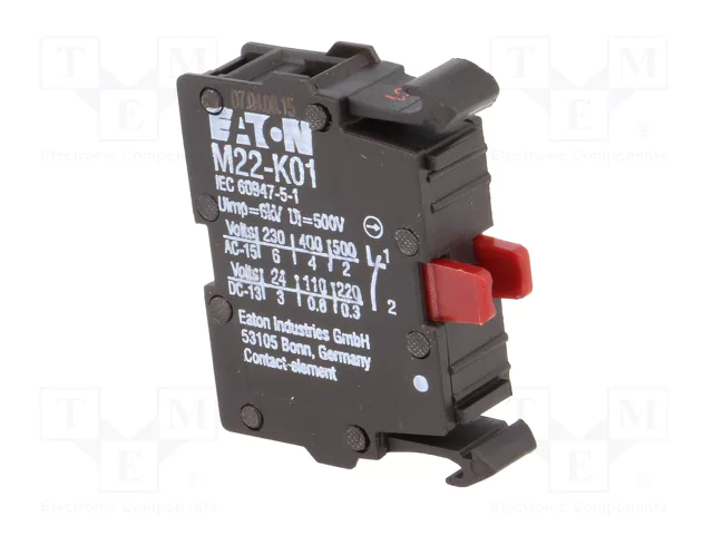 Eaton M22-K01 Elemento de contacto auxiliar con montaje frontal y conexión de tornillo Eaton M22-K01 Elemento de contacto auxiliar con montaje frontal y conexión de tornillo