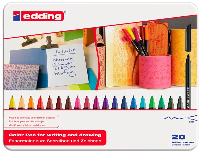 Edding Rotulador de Fibra Caja Metálica 20 Unidades Colores Surtidos Punta Redonda 0,5 mm