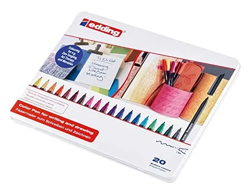 Edding Rotuladores de Fibra 1200, Estuche Metálico de 20 Unidades, Colores Surtidos, Punta de 1 mm