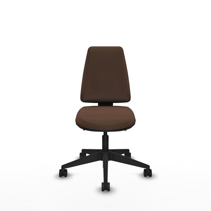 Silla de oficina Elche con mecanismo Asincro tapizada con Tela color Marrón oscuro. Equipada con Base piramidal negra, Sin brazos y Ruedas 65mm nailon