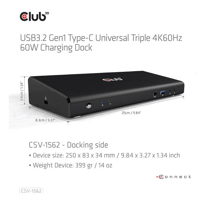 Club3D Muelle de Carga 4K USB-C con 6xUSB3, 2xDP, HDMI, LAN y Audio - Optimizado para Estaciones de Trabajo y Multimonitor