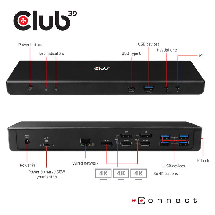 Club3D Muelle de Carga 4K USB-C con 6xUSB3, 2xDP, HDMI, LAN y Audio - Optimizado para Estaciones de Trabajo y Multimonitor