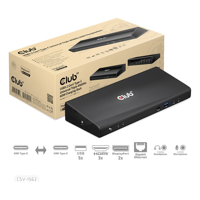 Club3D Muelle de Carga 4K USB-C con 6xUSB3, 2xDP, HDMI, LAN y Audio - Optimizado para Estaciones de Trabajo y Multimonitor