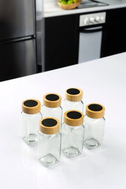 Hermia Set 6 Tarros de Vidrio para Especias 80 ml Cada Uno Transparente Apto Lavavajillas