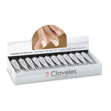 Tres Claveles Cortaúñas con Lima Cromado 5 cm Caja 24 u. Tres Claveles Cortaúñas con Lima Cromado 5 cm Caja 24 u.