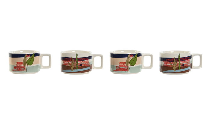 DKD Home Decor Teide 2023 Café Tropical Azul Verde 11x27x11 cm Set de 4 Piezas Dolomite y Metal 260ml Apto Microondas y Lavavajillas