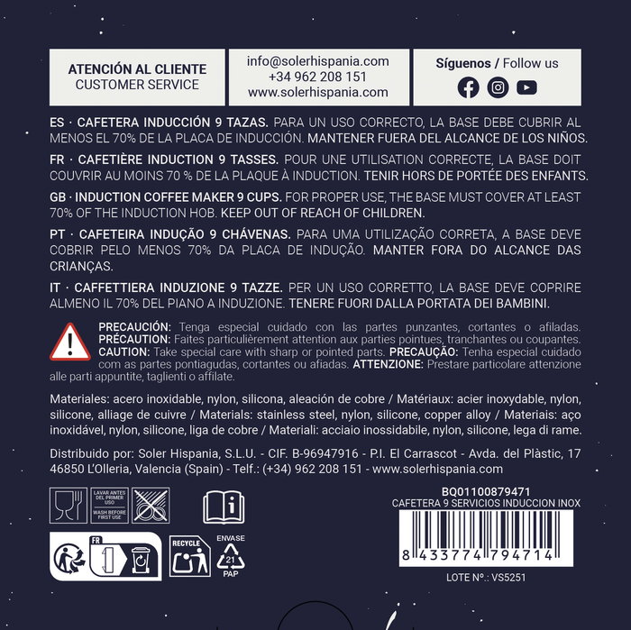 Quttin Cafetera de Inducción 9 Servicios Acero Inoxidable, Dimensiones 12.8 x 14.8 x 21.5 cm (6 Unidades)