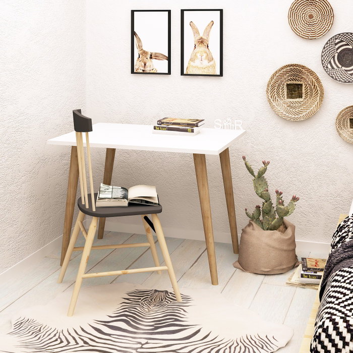 Hanah Home Mesa de Estudio Blanca, Tablero Melamina 80x60x74 cm, Patas Madera | Escritorio Moderno y Elegante para Estudio y Oficina