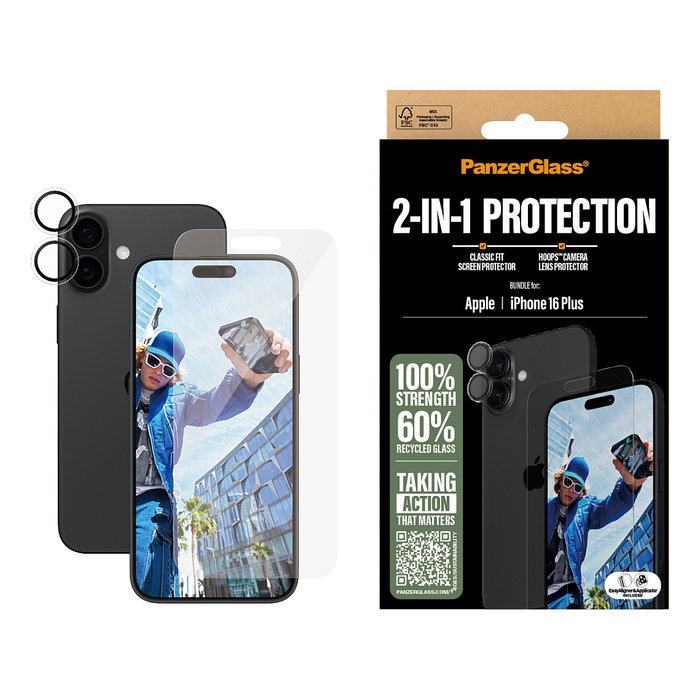 PanzerGlass Protector de Pantalla para Apple iPhone 16 Plus - Bundle 2 en 1 con Kit de Instalación - Vidrio Templado Antihuelas Resistente a Golpes y Rayones