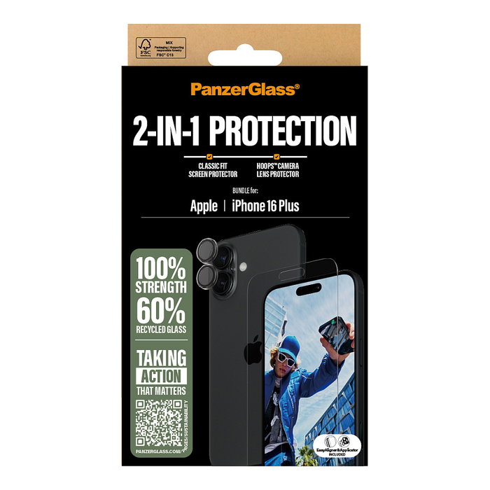 PanzerGlass Protector de Pantalla para Apple iPhone 16 Plus - Bundle 2 en 1 con Kit de Instalación - Vidrio Templado Antihuelas Resistente a Golpes y Rayones
