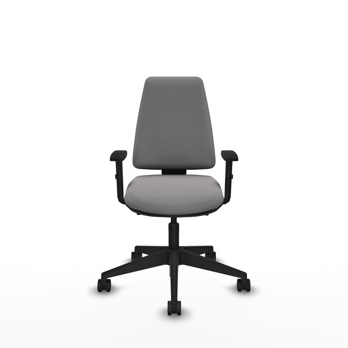 Silla de oficina Elche con mecanismo Asincro tapizada con Similpiel color Gris. Equipada con Base piramidal negra, Brazos 1D y Ruedas 65mm nailon