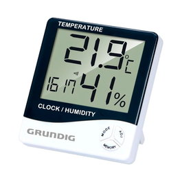 Grundig Estación Meteorológica Digital con Reloj y Calendario, Muestra Temperatura y Humedad, Pantalla Digital, Soporte Plegable para Pared o Pie, 98 x 22 x 105 mm