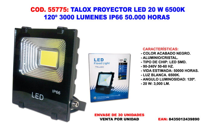 TALOX Proyector Foco LED 20W 6500K 120º 3000 Lumen IP66 TALOX Proyector Foco LED 20W 6500K 120º 3000 Lumen IP66