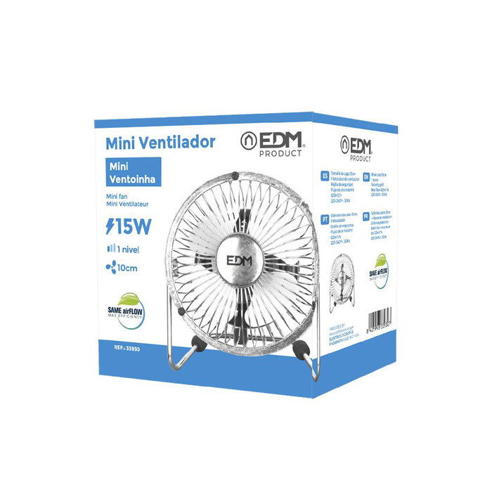 EDM Ventilador de Sobremesa Industrial Mini, Cromado, Ø10x15 cm, 4 Aspas, 525 m³/h, 15W, 54.7 dB, 220-240V, Oscilante