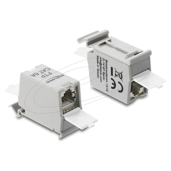 DeLOCK 90933 Módulo Keystone RJ45 Cat.6A Hembra a Hembra con Tapa de Protección para Carril DIN, Gris/Blanco