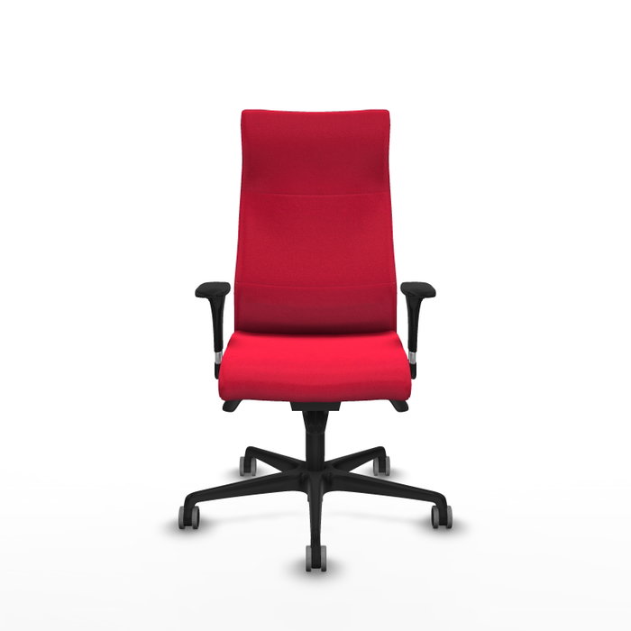 Sillón Albacete con mecanismo Sincro tapizada con Tela color Rojo. Equipado con Base nailon negra, Brazos 1D y Ruedas 65 mm parqué