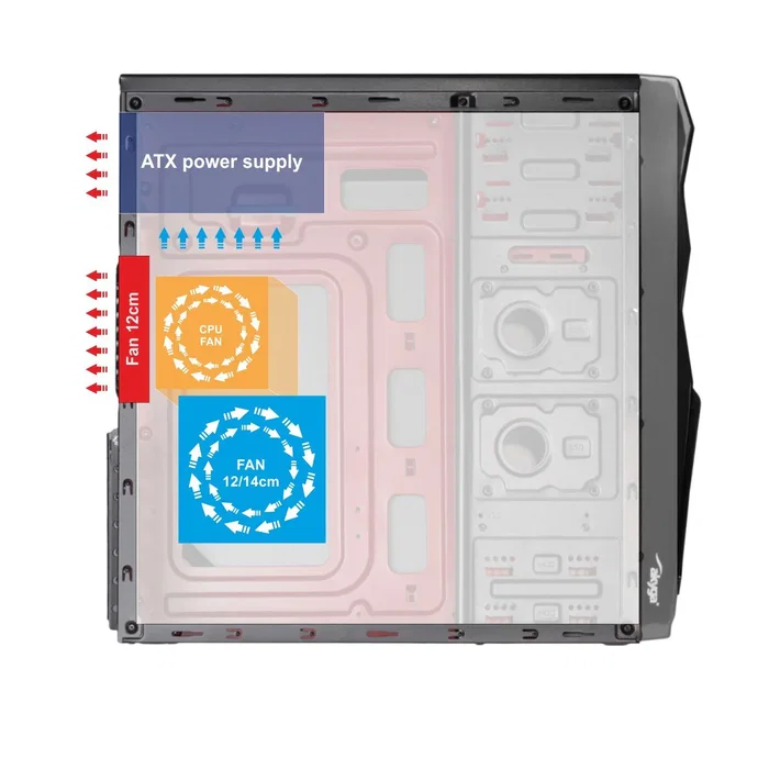 Akyga AK995BK Caja PC Midi Tower Negro, Compatible con ATX/microATX/Mini-ITX, 2 Puertos USB 2.0, Gestión de Cables, Sin Fuente de Alimentación