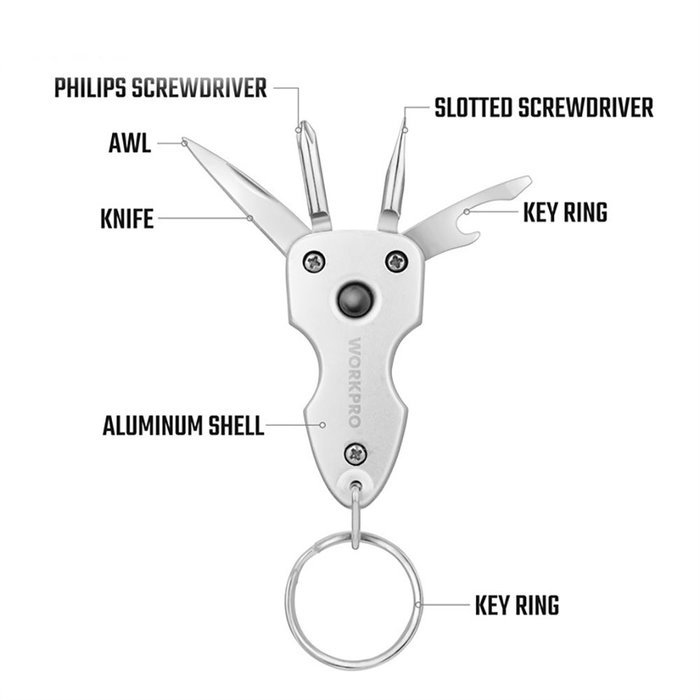 Workpro Llavero 7 en 1 Multiusos con Navaja, Destornillador, Abrebotellas y Luz LED de Acero Inoxidable