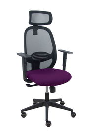 Silla de oficina Cilanco con mecanismo Sincro tapizada con Tela color Morado y malla color Negro. Equipada con lumbar 1D, Brazos 1D, Cabecero 2D y Ruedas de parqué