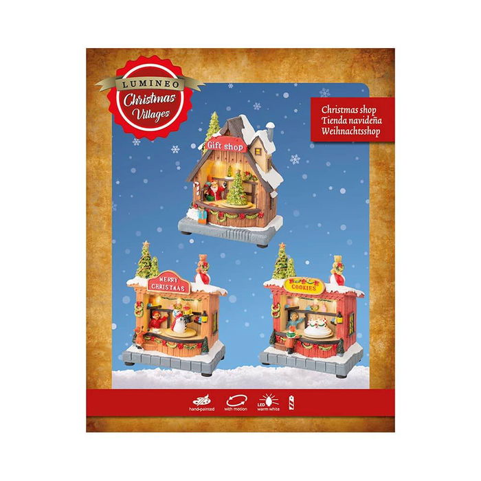 Lumineo Escena Navideña con Movimiento y Luz LED - Temática de Tiendas Pintada a Mano, Luz Cálida - 14.30 x 10.00 x 17.50 cm