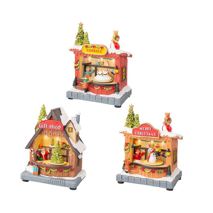 Lumineo Escena Navideña con Movimiento y Luz LED - Temática de Tiendas Pintada a Mano, Luz Cálida - 14.30 x 10.00 x 17.50 cm