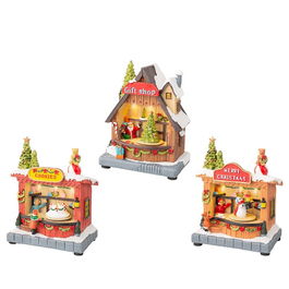 Lumineo Escena Navideña con Movimiento y Luz LED - Temática de Tiendas Pintada a Mano, Luz Cálida - 14.30 x 10.00 x 17.50 cm