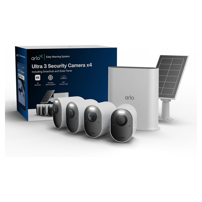 ARLO Ultra 3 Cámara de Seguridad Exterior 4K (Pack 4 Cámaras) + Panel Solar, Inalámbrica con Visión Nocturna, IP65, 8 MP, Compatible con Alexa/Google Assistant
