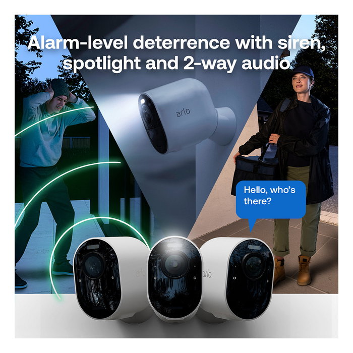 ARLO Ultra 3 Cámara de Seguridad Exterior 4K (Pack 4 Cámaras) + Panel Solar, Inalámbrica con Visión Nocturna, IP65, 8 MP, Compatible con Alexa/Google Assistant