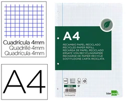 Liderpapel Recambio A4 100 Hojas Papel Reciclado 80gr Cuadro 4mm Con Margen 4 Taladros