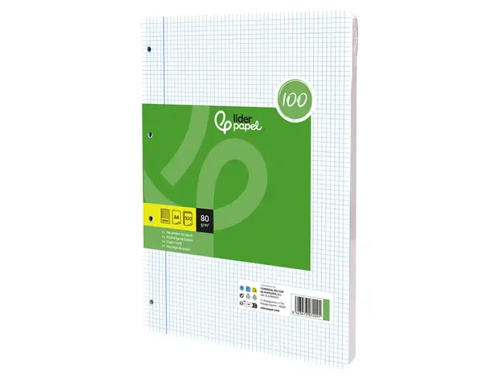 Liderpapel Recambio A4 100 Hojas Papel Reciclado 80gr Cuadro 4mm Con Margen 4 Taladros
