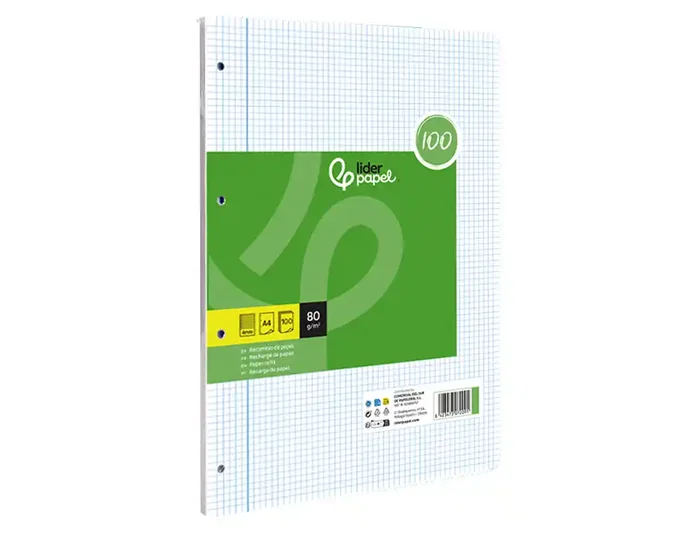 Liderpapel Recambio A4 100 Hojas Papel Reciclado 80gr Cuadro 4mm Con Margen 4 Taladros