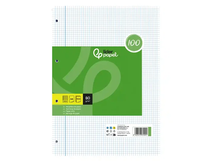 Liderpapel Recambio A4 100 Hojas Papel Reciclado 80gr Cuadro 4mm Con Margen 4 Taladros
