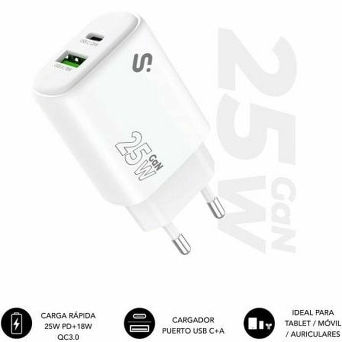 Subblim Cargador GaN 25W con Doble Puerto USB-C y USB-A Blanco