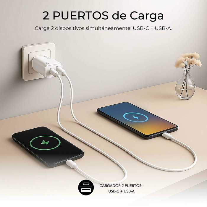 Subblim Cargador GaN 25W con Doble Puerto USB-C y USB-A Blanco
