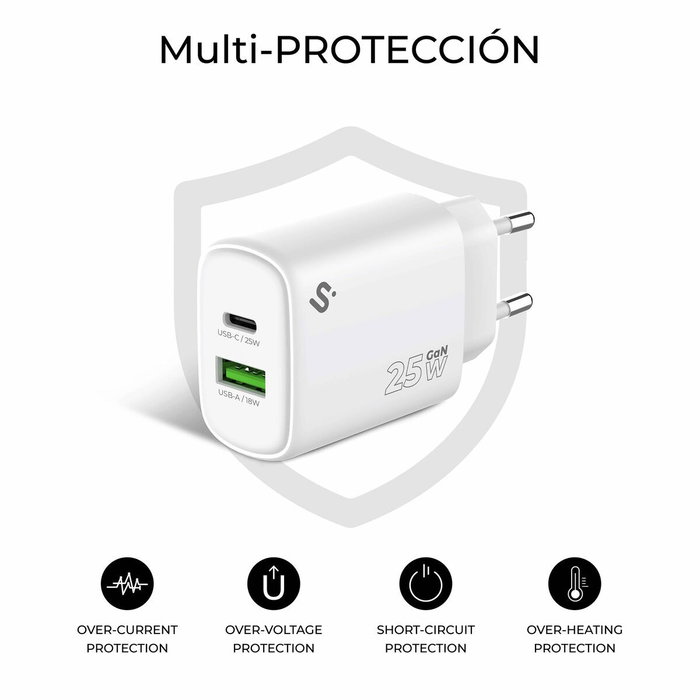 Subblim Cargador GaN 25W con Doble Puerto USB-C y USB-A Blanco