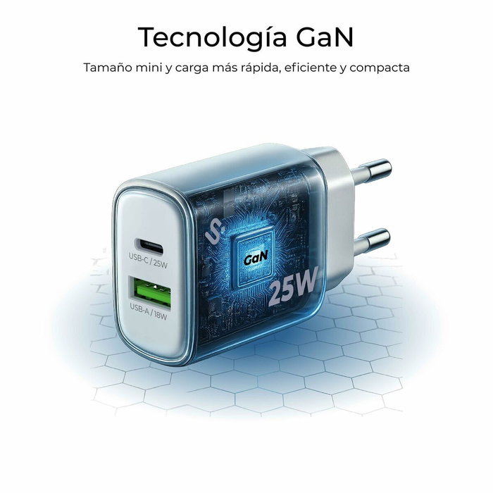 Subblim Cargador GaN 25W con Doble Puerto USB-C y USB-A Blanco