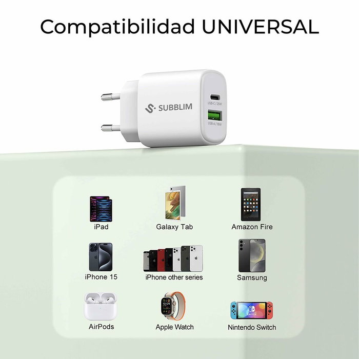 Subblim Cargador GaN 25W con Doble Puerto USB-C y USB-A Blanco