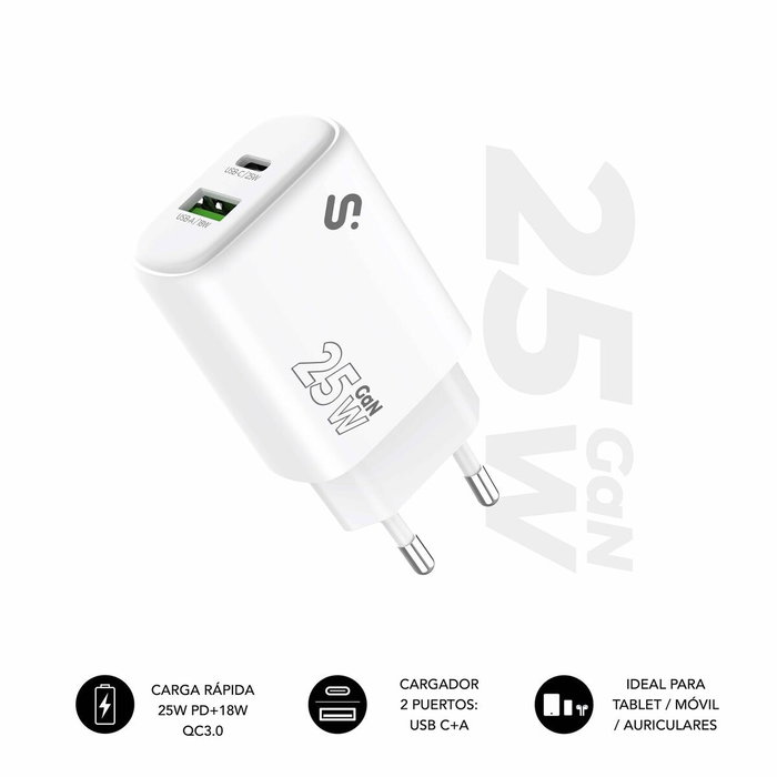 Subblim Cargador GaN 25W con Doble Puerto USB-C y USB-A Blanco