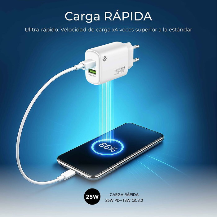 Subblim Cargador GaN 25W con Doble Puerto USB-C y USB-A Blanco